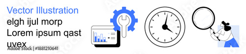 Business strategy, data analytics, productivity, workflow efficiency, time tracking, research. Graph on tablet, gear with wrench clock person with magnifying glass. Data analytics and research