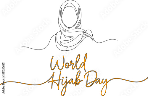 World Hijab Day continuous line art of Muslim woman, a single line drawing with golden script typography, symbolizing modesty awareness, religious freedom, cultural diversity,