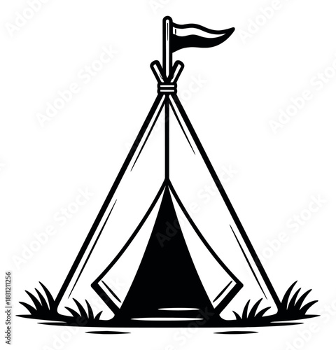 Line art illustration of a teepee tent depicting an outdoor shelter for camping adventure