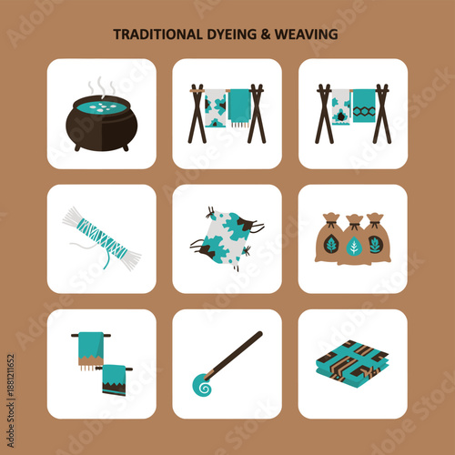 Traditional Textile Dyeing and Weaving Process Icons Featuring Natural Dyeing Pot Drying Racks Raw Materials Fabric Rolls and Finished Patterns for Cultural Craft and Industry