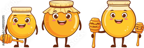 Cute honey jar characters illustration, smiling kawaii honey bottles with dipper, cartoon food mascot set, sweet honey concept, white background
