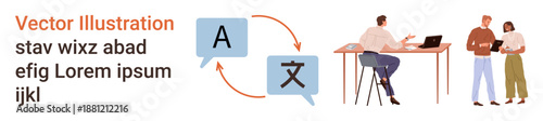 Language translation, communication, teamwork, collaboration, interpretation services, multilingual tools. Speech bubbles with characters and people discussing ideas. Language translation