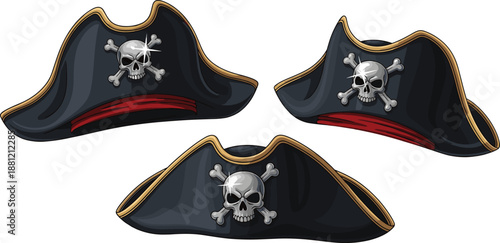 Pirate tricorn hats illustration set, black nautical headwear with skull and crossbones emblem, cartoon fantasy costume design
