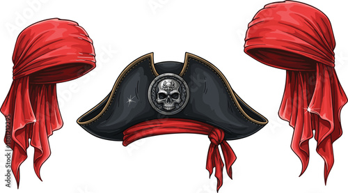 Pirate hat and bandana set illustration, black tricorn with skull emblem, red headscarves, fantasy nautical costume accessories