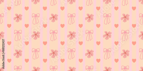 Seamless pink ribbon vector pattern with vintage-style hearts and flowers, perfect for Valentine's Day fabric embellishments and textile designs for greeting cards and newborn baby shower parties.