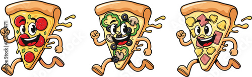 Running pizza slice characters illustration, funny cartoon fast food mascots, cheesy toppings, playful motion food icons design