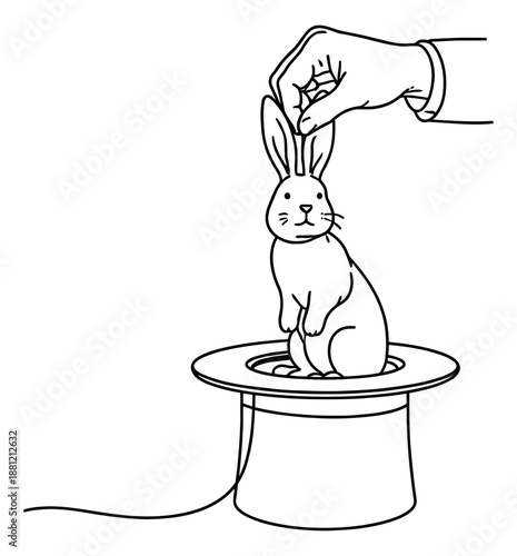 Hand drawn line art illustration of a magician's hand pulling a rabbit from a top hat depicting a magic trick for a performance