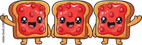 Cute cartoon strawberry jam toast characters, happy breakfast food mascots, playful bread illustration isolated on white
