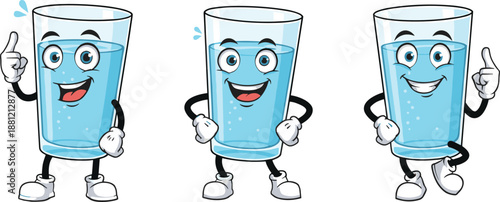 Happy cartoon water glass characters with thumbs up gestures, friendly hydration mascots, cute illustration isolated on white