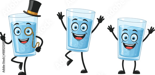Funny cartoon water glass characters dancing happily, elegant mascot with hat monocle, hydration concept illustration, playful design isolated