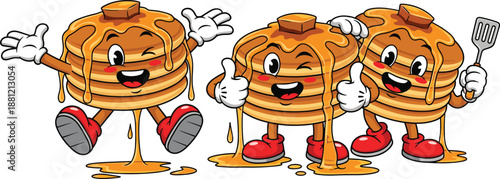 Cute cartoon pancake characters with dripping syrup, smiling breakfast food mascots illustration, sweet dessert concept, fun kids menu design
