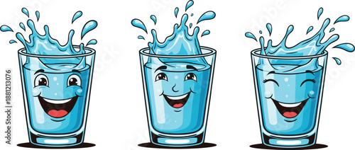 Smiling cartoon water glass characters splashing water, blue liquid mascot illustration, hydration concept, healthy drinking, fun kids education design