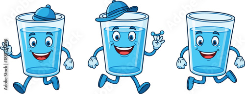 Cute cartoon water glass characters running together, blue liquid mascot illustration, hydration concept, healthy drinking, fun kids education design