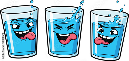 Funny cartoon water glass characters splashing, playful hydration concept, smiling drink mascots, clean water illustration, fun beverage design