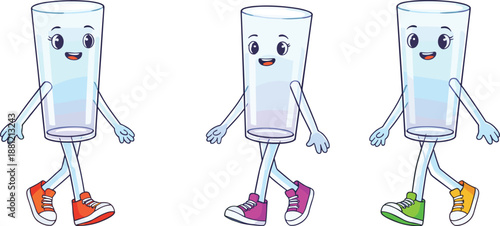 Cute cartoon water glass characters walking, smiling hydration mascots, healthy lifestyle concept, fun beverage illustration, kids friendly design