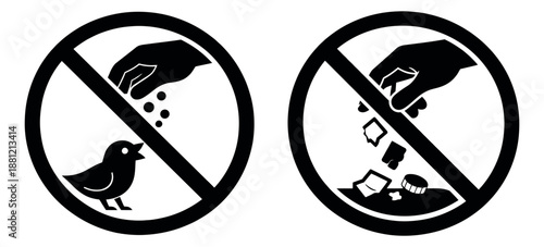 Iconographic warning signs set featuring hands feeding birds and discarding trash for environmental protection