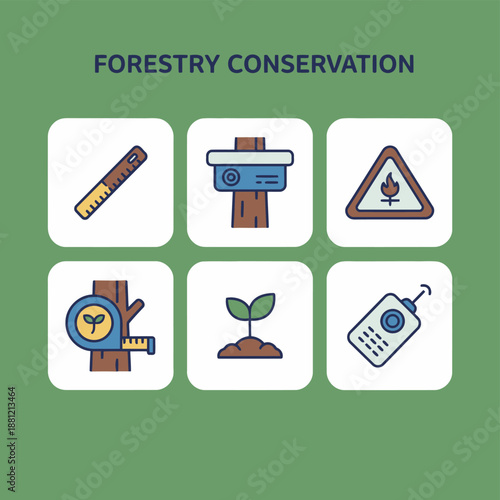 Forestry conservation and environment monitoring icons set with measuring ruler camera sensor fire warning sign tape measure tree seedling and remote controller