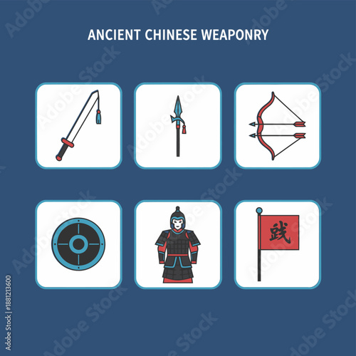 Ancient Chinese weaponry and military equipment set featuring sword spear bow and arrows shield armored warrior and war flag for historical culture