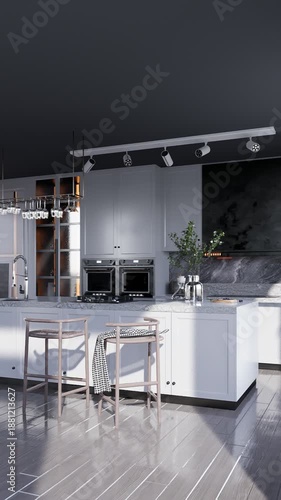 3D render vertical animation modern kitchen