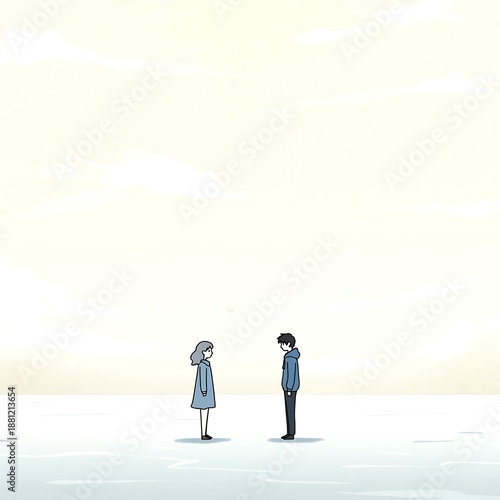 Distant Figures in a Vast, Empty Landscape: Two Souls Stand Apart Under a Soft Sky — Evoking Loneliness, Separation, and Quiet Longing
