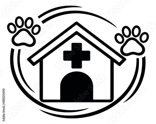 Line art illustration of a veterinary clinic depicting animal medical care for pet health services