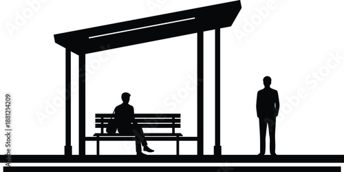 Bus stop silhouette scene with waiting passengers, urban public transportation concept, minimal city life illustration showing people standing and sitting at shelter isolated on white background