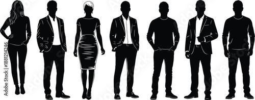 Business people silhouette lineup wearing formal and casual outfits, professional corporate team and modern workforce concept illustration isolated on white background
