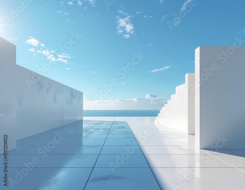 Modern white building structure by the ocean on a sunny day with blue sky