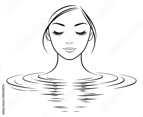 Elegant line art illustration of a woman's face depicting serene relaxation in water for spa and beauty concepts
