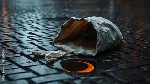 An empty cloth bag lies overturned on wet cobblestones, a puddle reflecting the crescent moon.