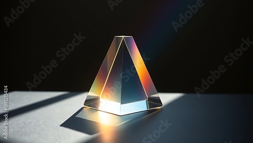 Clear glass prism refracting rainbow light spectrum on dark surface.
