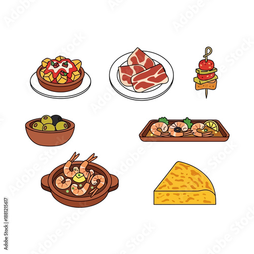 Assorted Spanish Tapas Dishes with Shrimp, Olives, Meat, and Tortilla Española