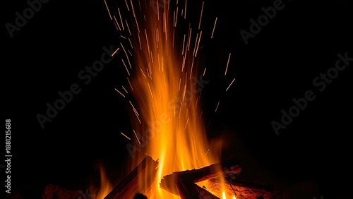 Orange sparks rising from a campfire against a dark night sky, with glowing embers and motion trails.