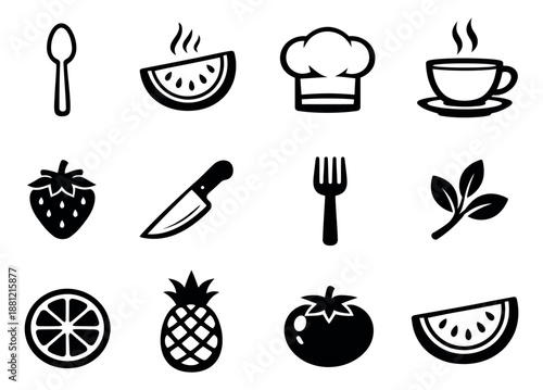 Simple graphic food and kitchen icon set featuring fruit, vegetables, utensils, and hot drinks for menus and cooking-related designs