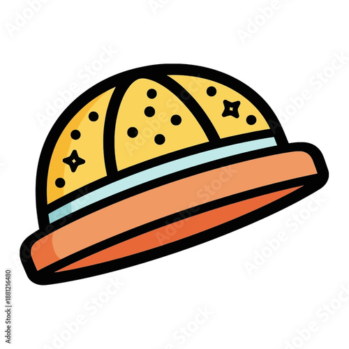 A colorful cartoon illustration of a yellow bucket hat with an orange brim and black details.