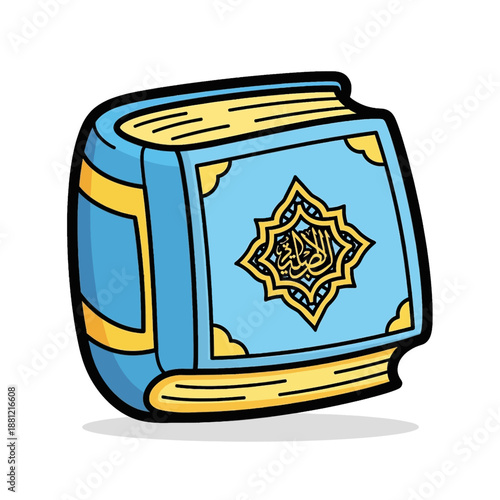 A cartoon illustration of a light blue holy book with golden ornate Arabic calligraphy on its cover.