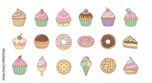 Colorful dessert assortment cupcakes donuts and ice cream confections