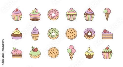 Colorful dessert assortment cupcakes donuts tarts and ice cream cones