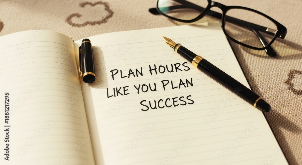 Fototapeta premium Open notebook with motivational quote 'Plan Hours Like You Plan Success' alongside a pen and glasses