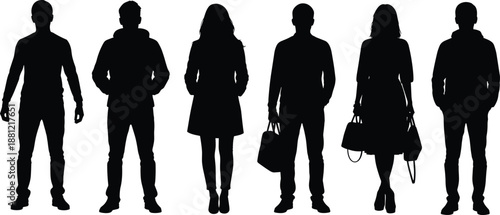ector black silhouettes of standing men and women group set wearing casual clothes and holding bags for fashion and business design concepts collection