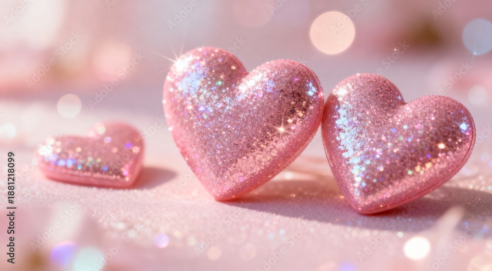 Obraz premium Sparkling pink hearts shimmering on a soft pastel background with dreamy bokeh lights