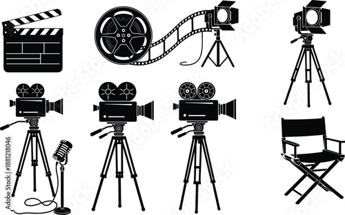 Film production equipment silhouette set including cameras, clapperboard, studio lights, microphone and 