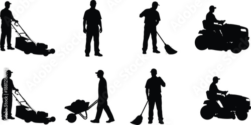 Garden worker silhouettes performing lawn mowing, sweeping, and riding mower tasks, professional landscaping and yard maintenance concept illustration isolated on white background