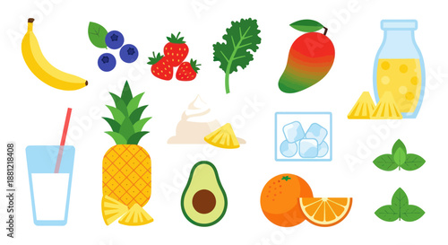 Colorful assortment of fresh fruits and ingredients for healthy beverages