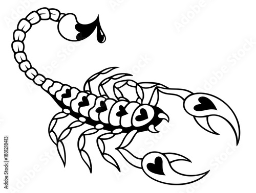 Scorpion with Heart Pattern. Romantic Valentine Animal, Love Zodiac Scorpion Silhouette