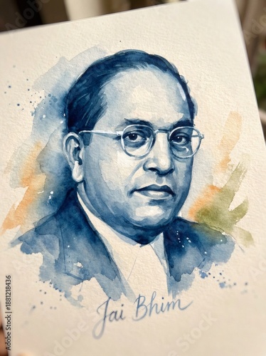 Artistic watercolor portrait of Dr B R Ambedkar with Jai Bhim slogan.