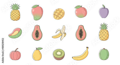 Colorful assortment of fresh fruits illustrations for diverse design projects