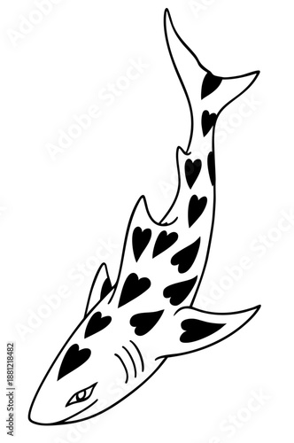 Shark with Heart Pattern. Romantic Valentine Sea Animal, Love Decorated Shark Silhouette