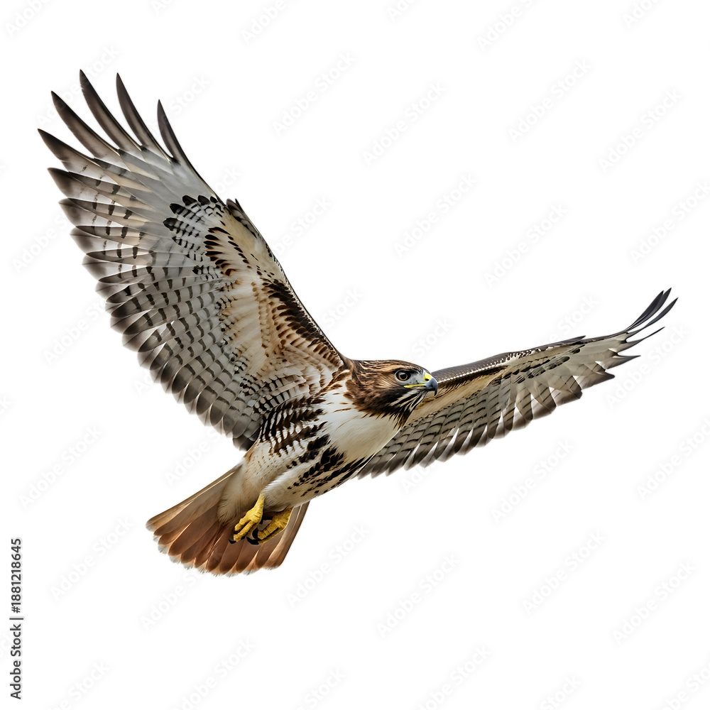 Fototapeta premium A majestic red-tailed hawk in flight, wings fully extended, showcasing its powerful predatory form against a white background.