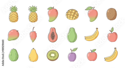 Colorful assortment of fresh tropical fruits in a vibrant flat design style